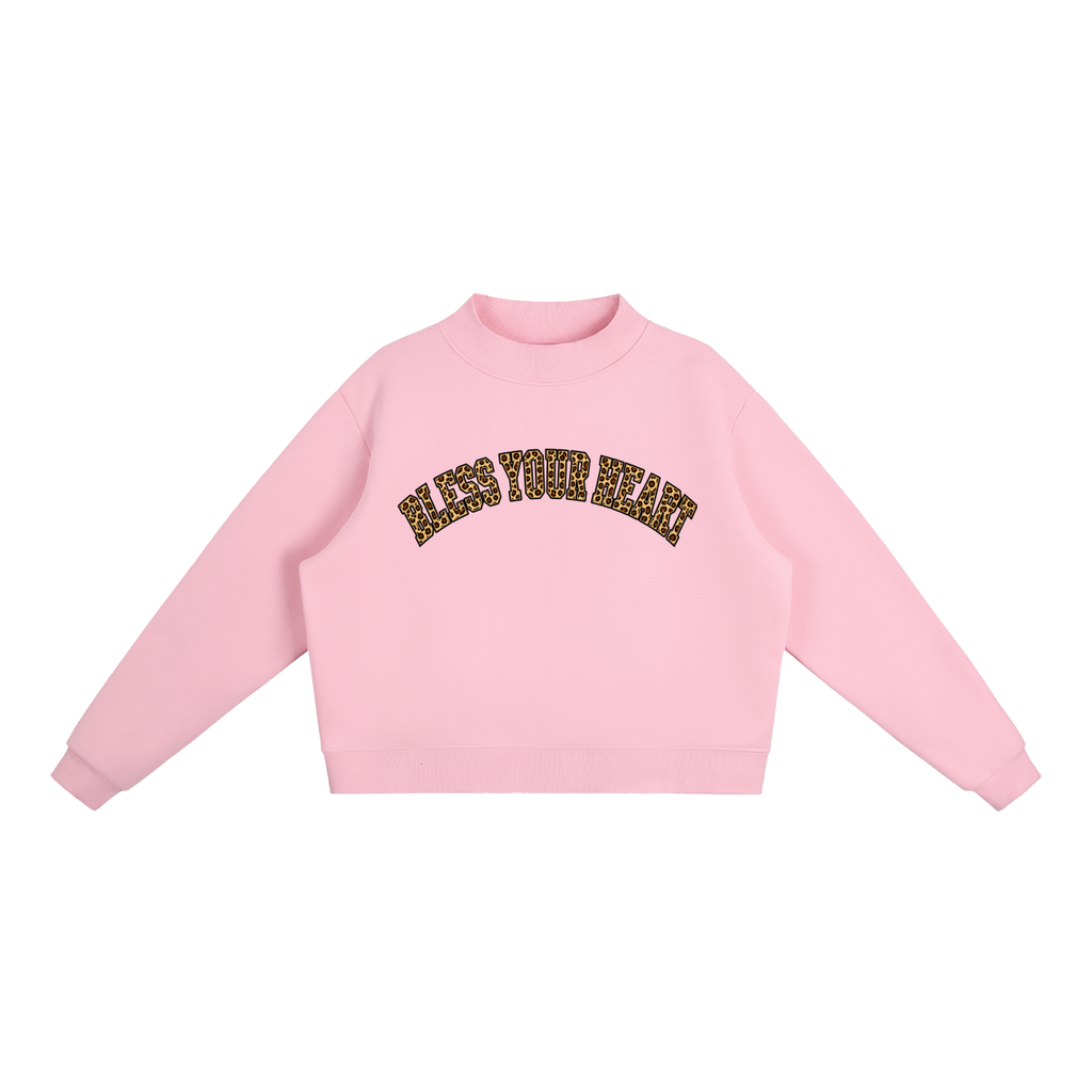 Bless Your Heart Leopard Essential Fleece Mock-Neck Crew Sweatshirt