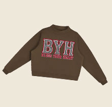 A brown long-sleeve sweatshirt with 'BYH' and 'BUT HERE'S TOO MUCH' printed on the chest in red, white, and blue patterned letters, displayed on a light beige background.